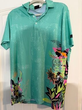 Men's Teal Short-Sleeve Polo with Tropical Graphic